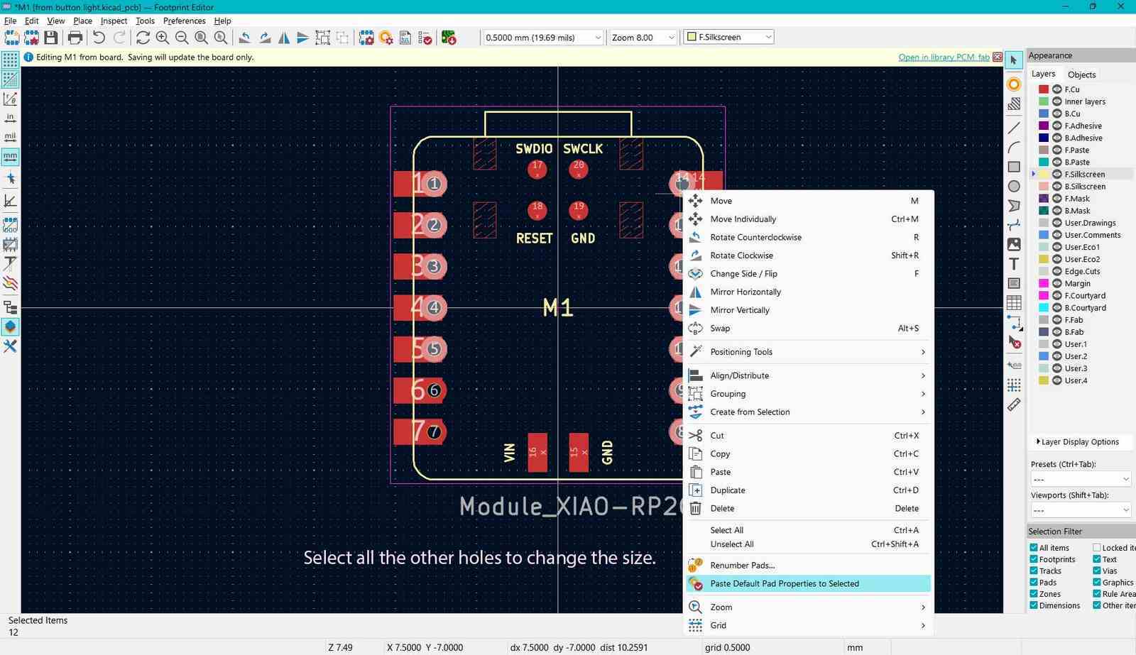 Apply updated pad properties to remaining pads using paste default pad properties