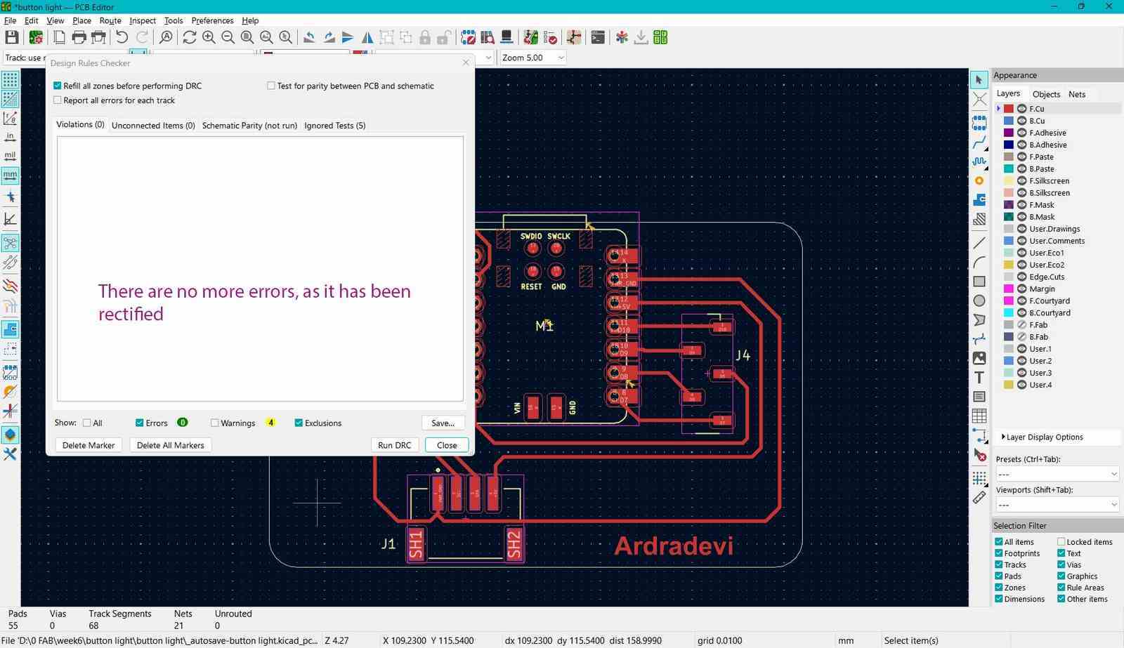 Final DRC check showing no errors after modifications