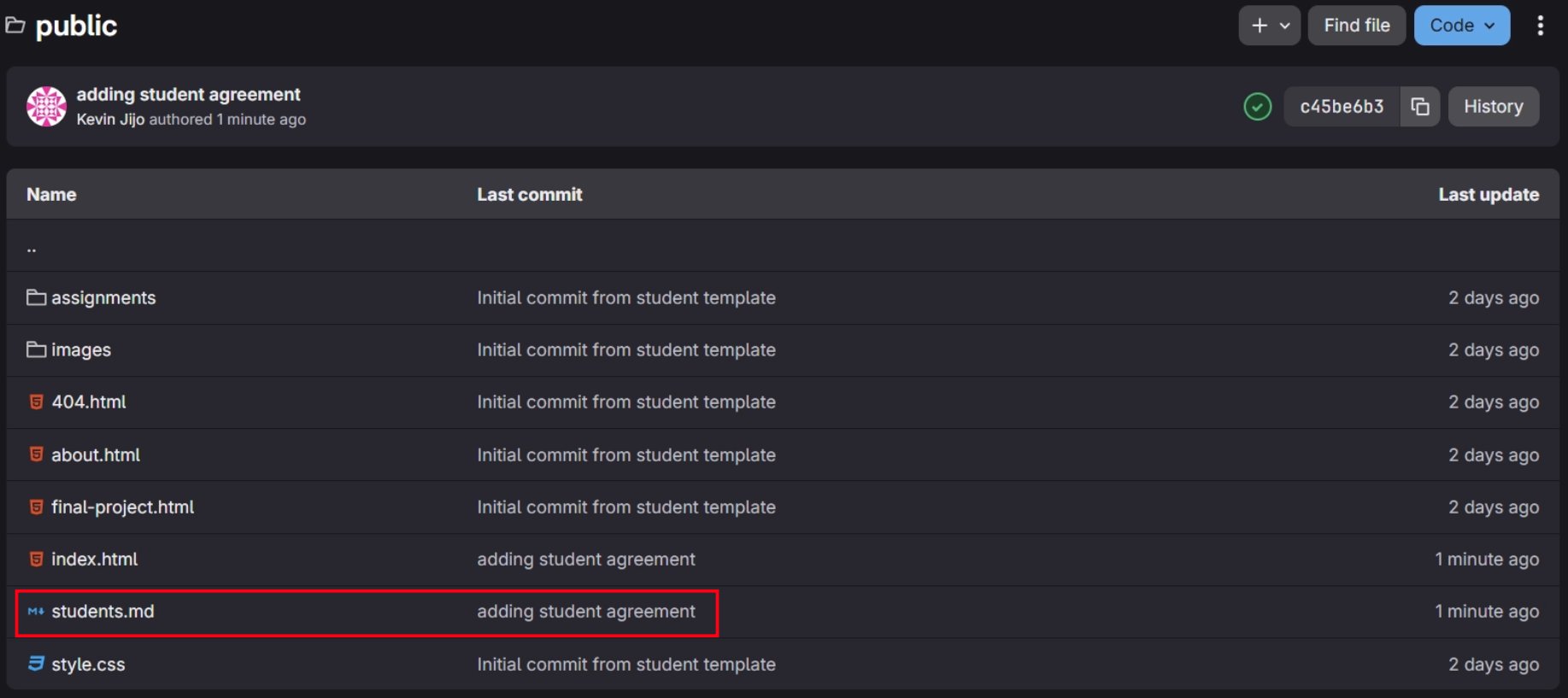Student agreement in Footer