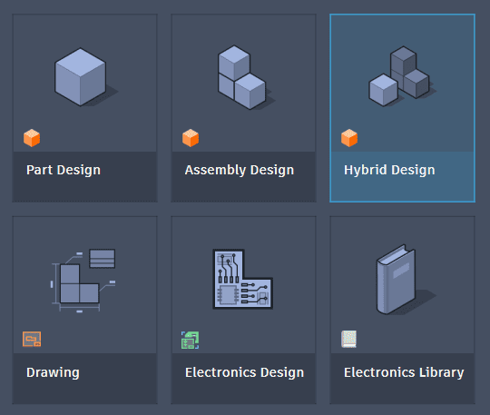 Fusion 360 workspace with hybrid design enabled