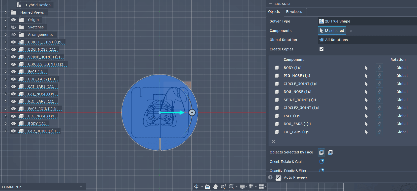Selecting components in arrange dialog