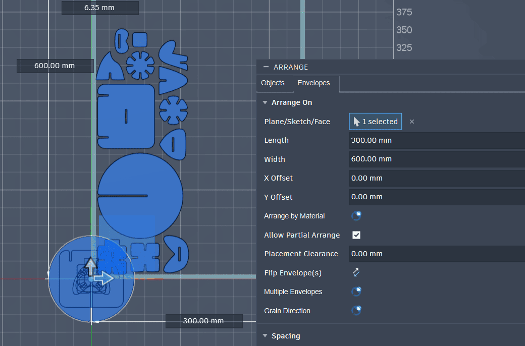 Envelope and plane selection in arrange tool