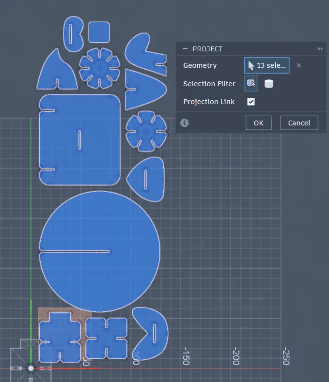 Projected faces of arranged components in Fusion 360