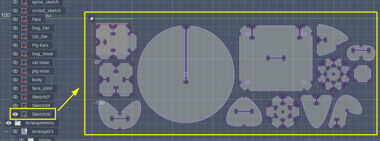 Completed projection sketch of all components