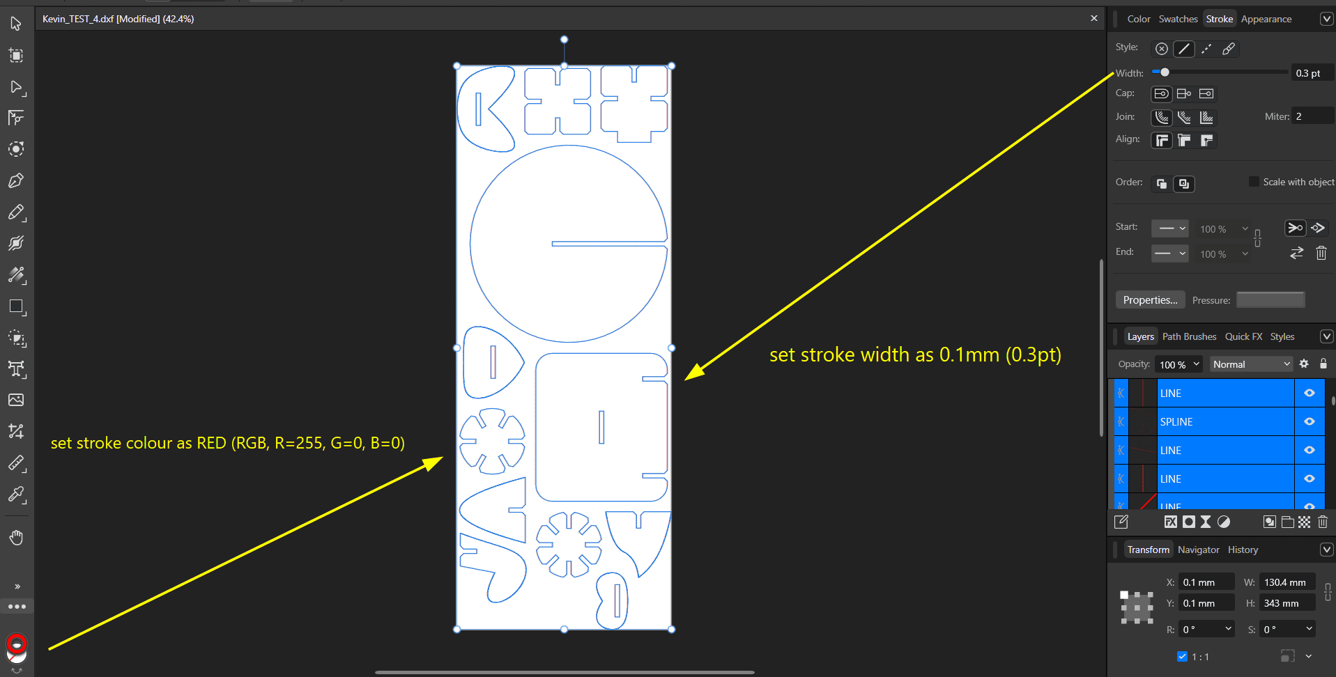 DXF opened in Affinity with stroke settings adjusted