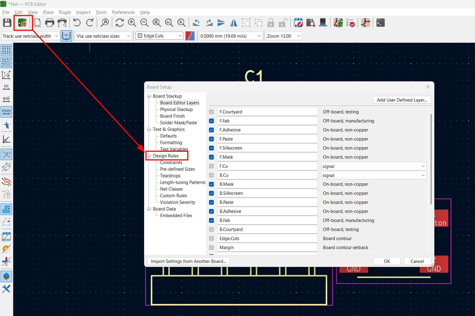 Board setup constraints