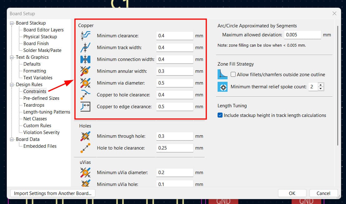 Design constraints settings