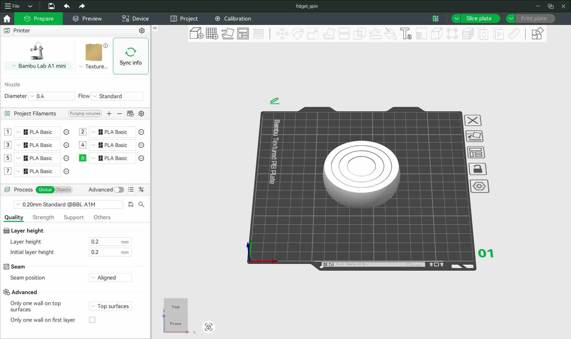 Bambu Studio interface showing fidget ring model