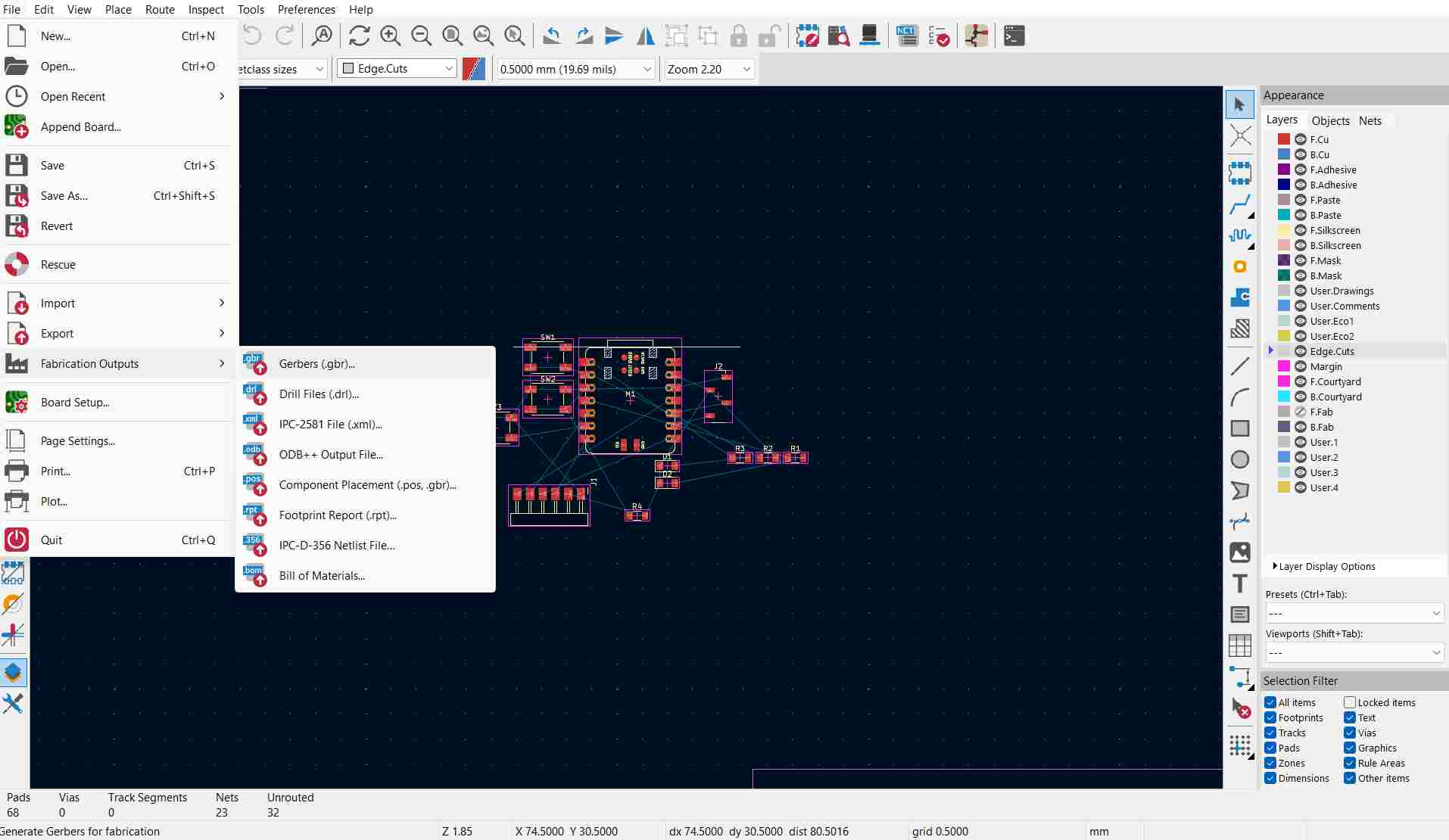 File menu showing Fabrication Outputs submenu in KiCad PCB Editor