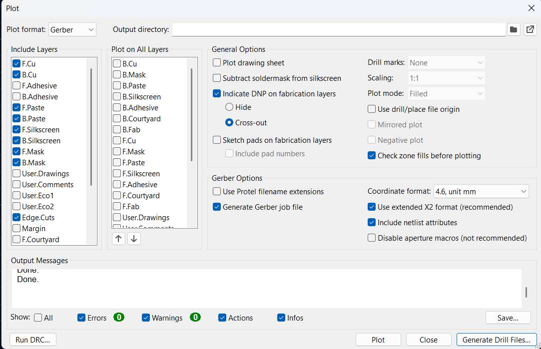 Plot dialog showing Gerber layer selection and export options