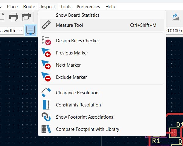 Opening the measuring tool in KiCad PCB editor