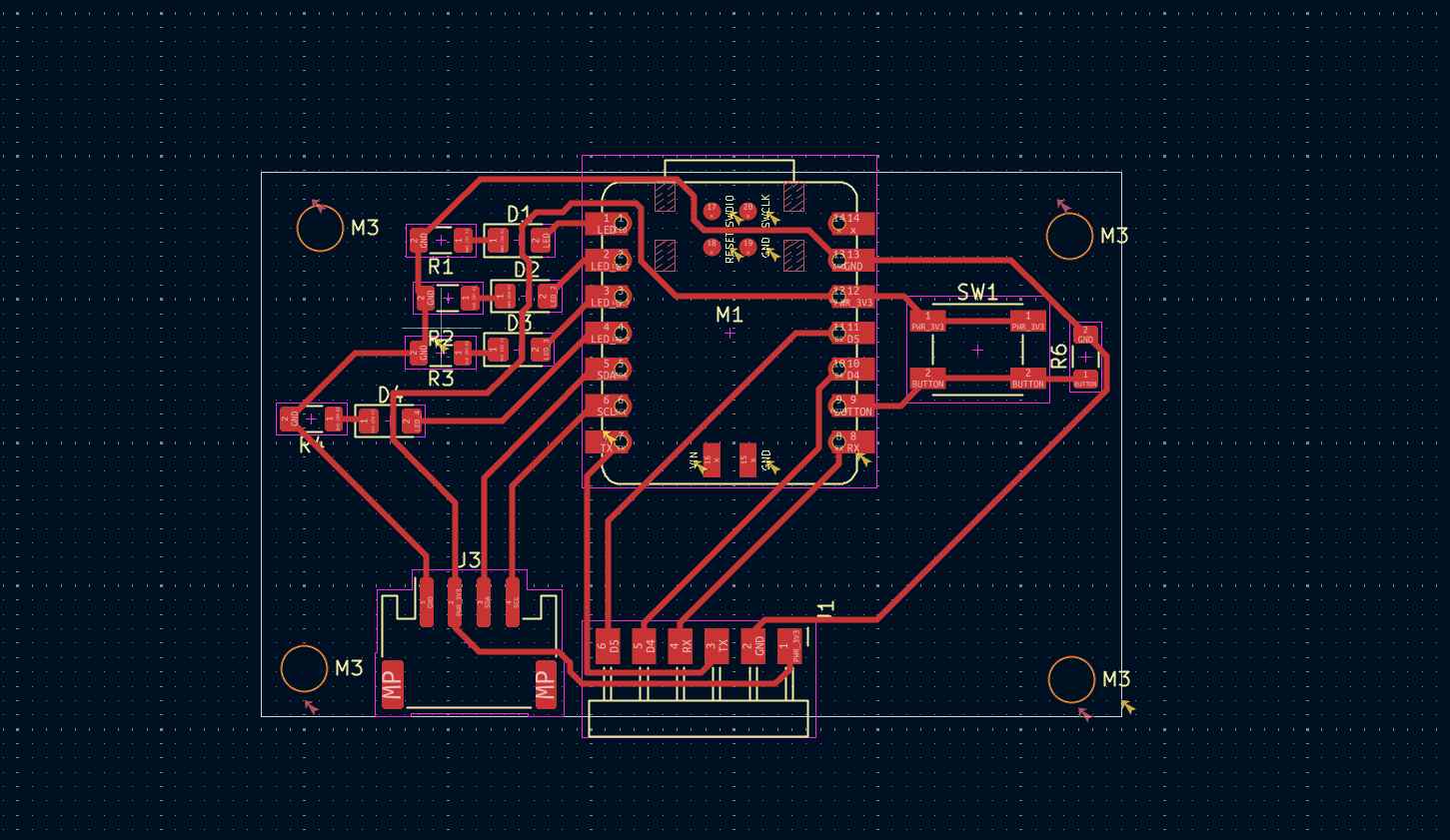 Manually routed copper traces connecting all component pads