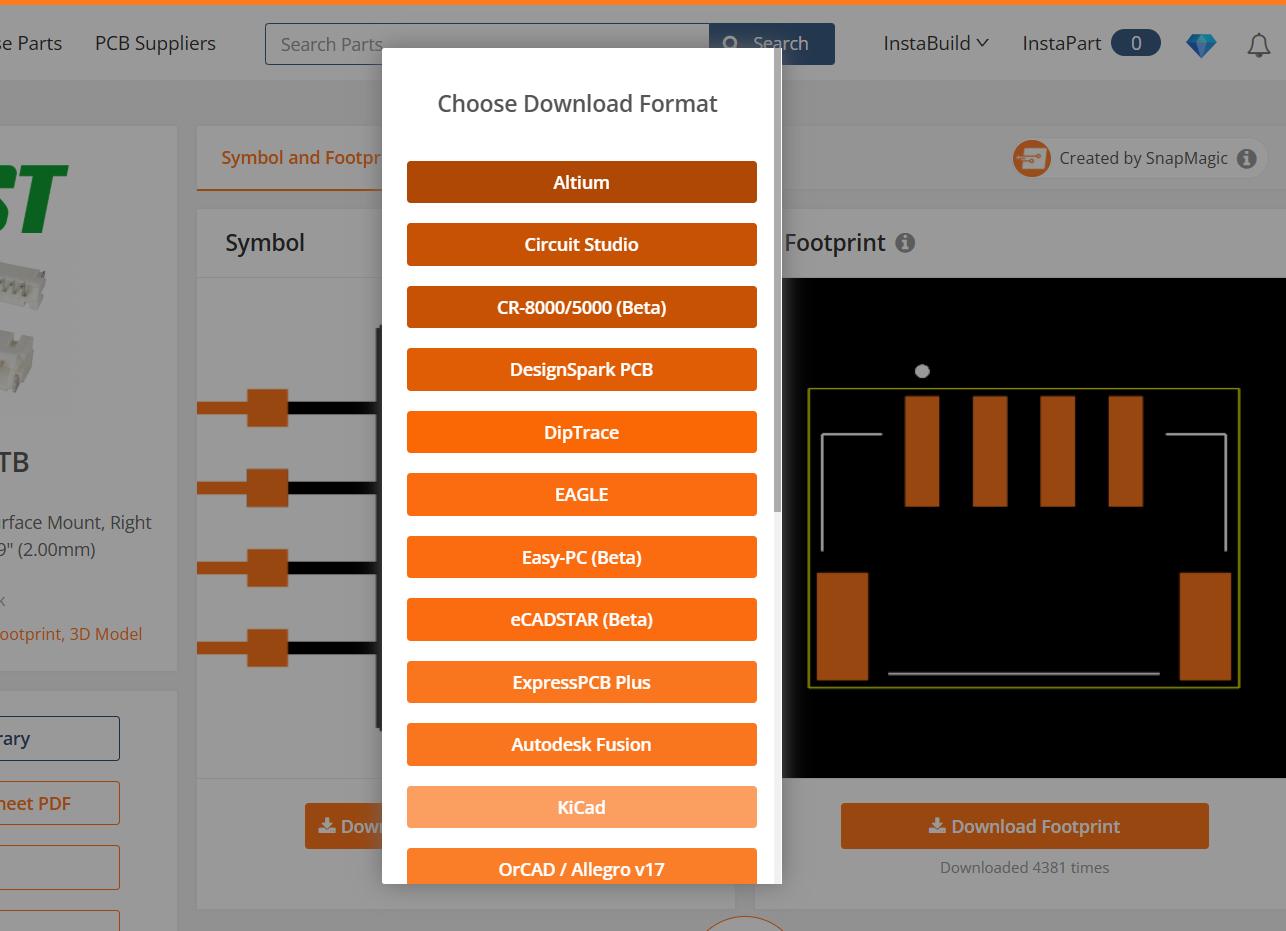 Selecting the KiCad file from the list of downloadable formats
