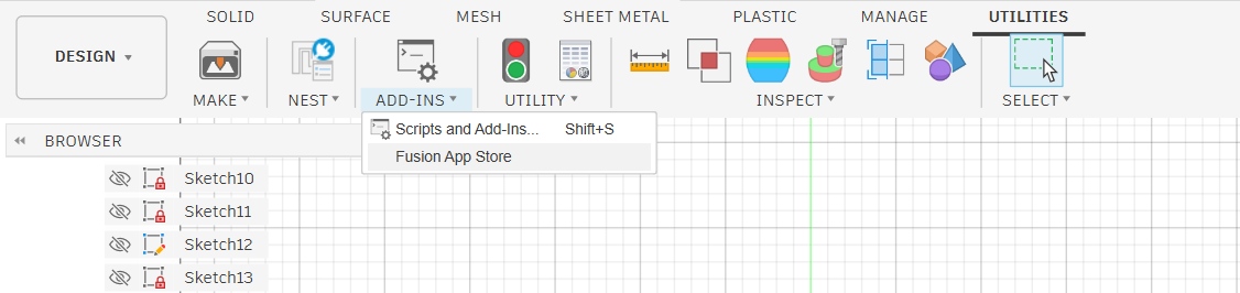 Fusion 360 Utilities tab showing ADD-INS dropdown with Fusion App Store option