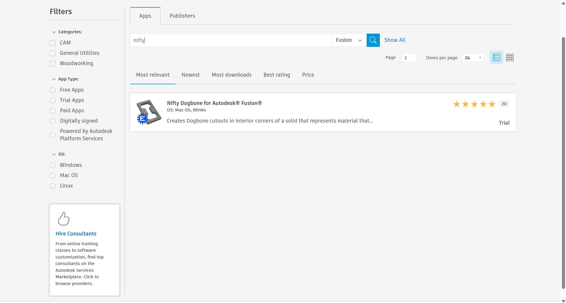 Autodesk App Store search results showing Nifty Dogbone add-in