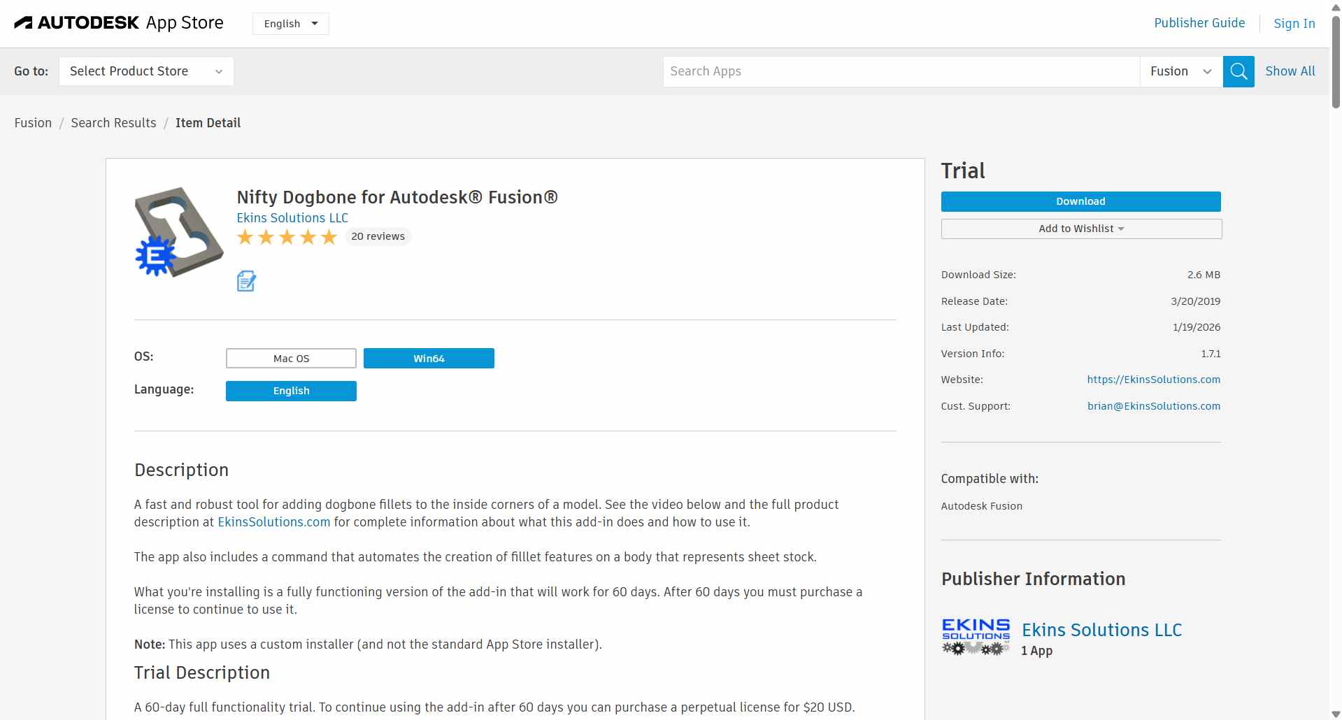 Nifty Dogbone app detail page with Trial download button