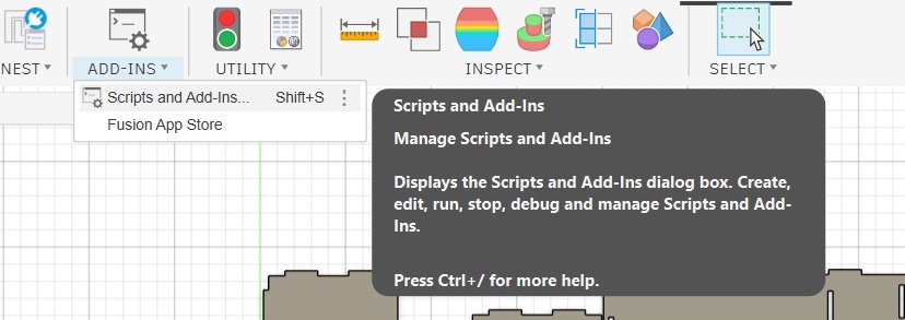 Fusion 360 ADD-INS menu showing Scripts and Add-Ins option with tooltip