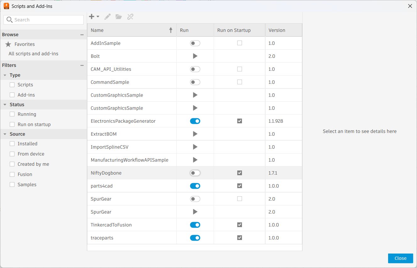 Scripts and Add-Ins dialog showing NiftyDogbone listed and enabled