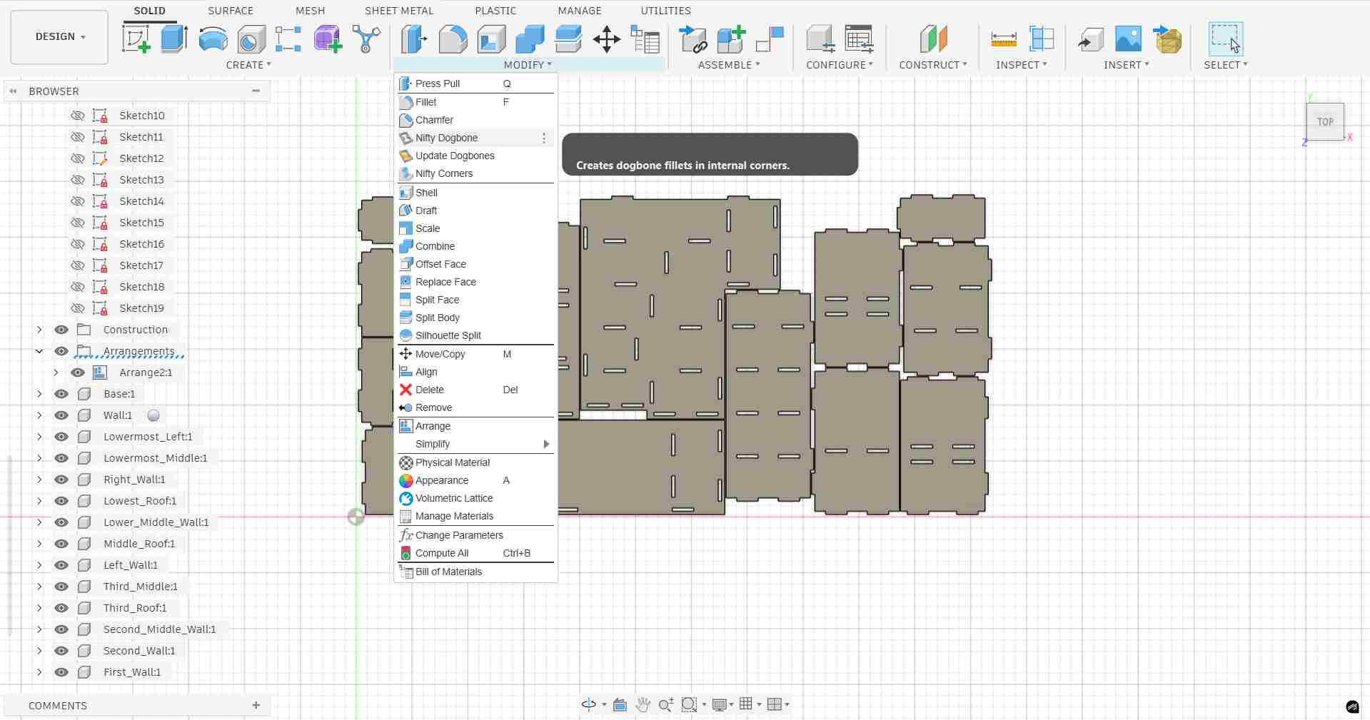 Fusion 360 Modify menu showing Nifty Dogbone option with tooltip