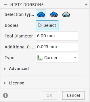 Nifty Dogbone dialog showing Tool Diameter 6.00mm and Corner type