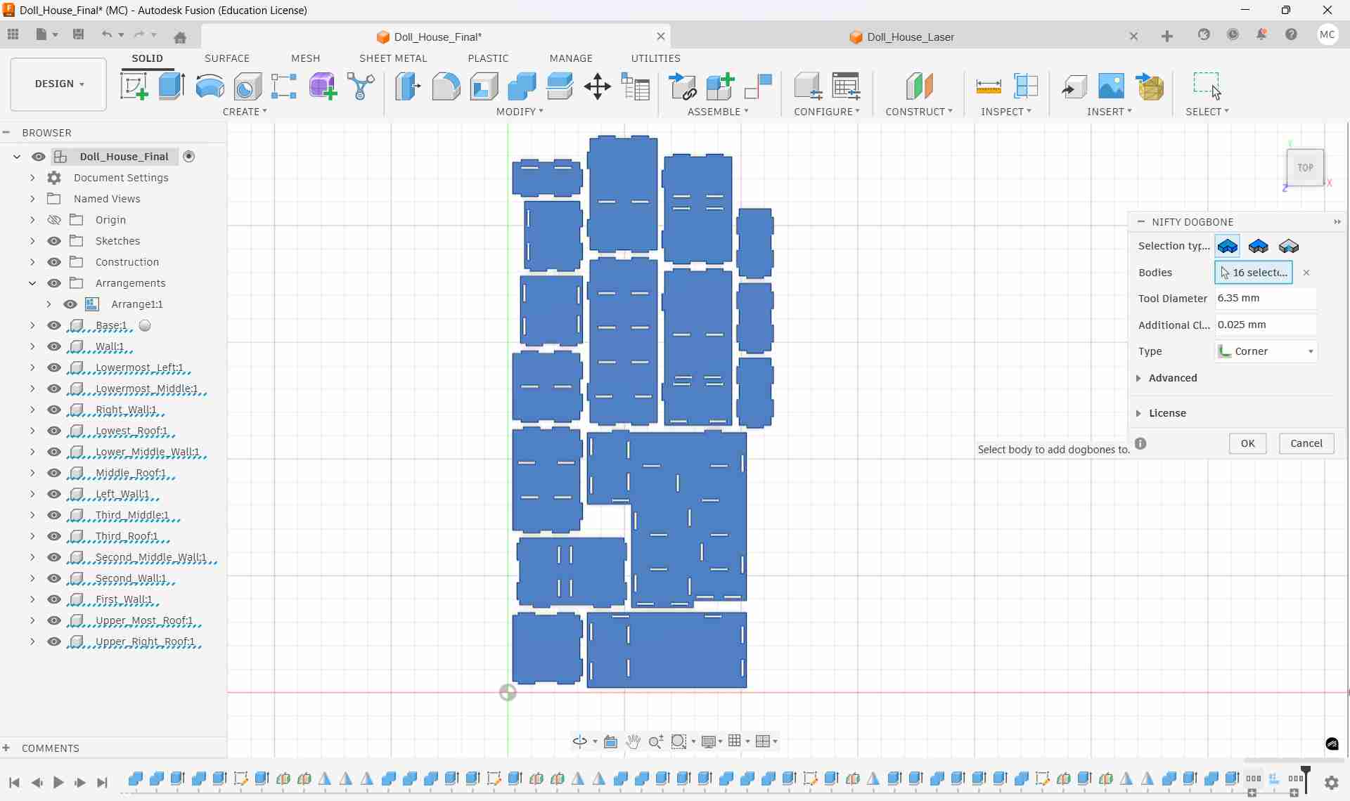All 16 doll house panel bodies selected in Nifty Dogbone with dogbones applied