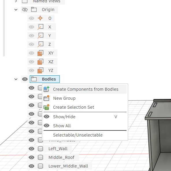 Bodies to Components conversion in Fusion 360 browser