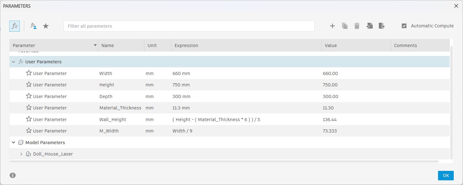 Fusion 360 parameter table for doll house design