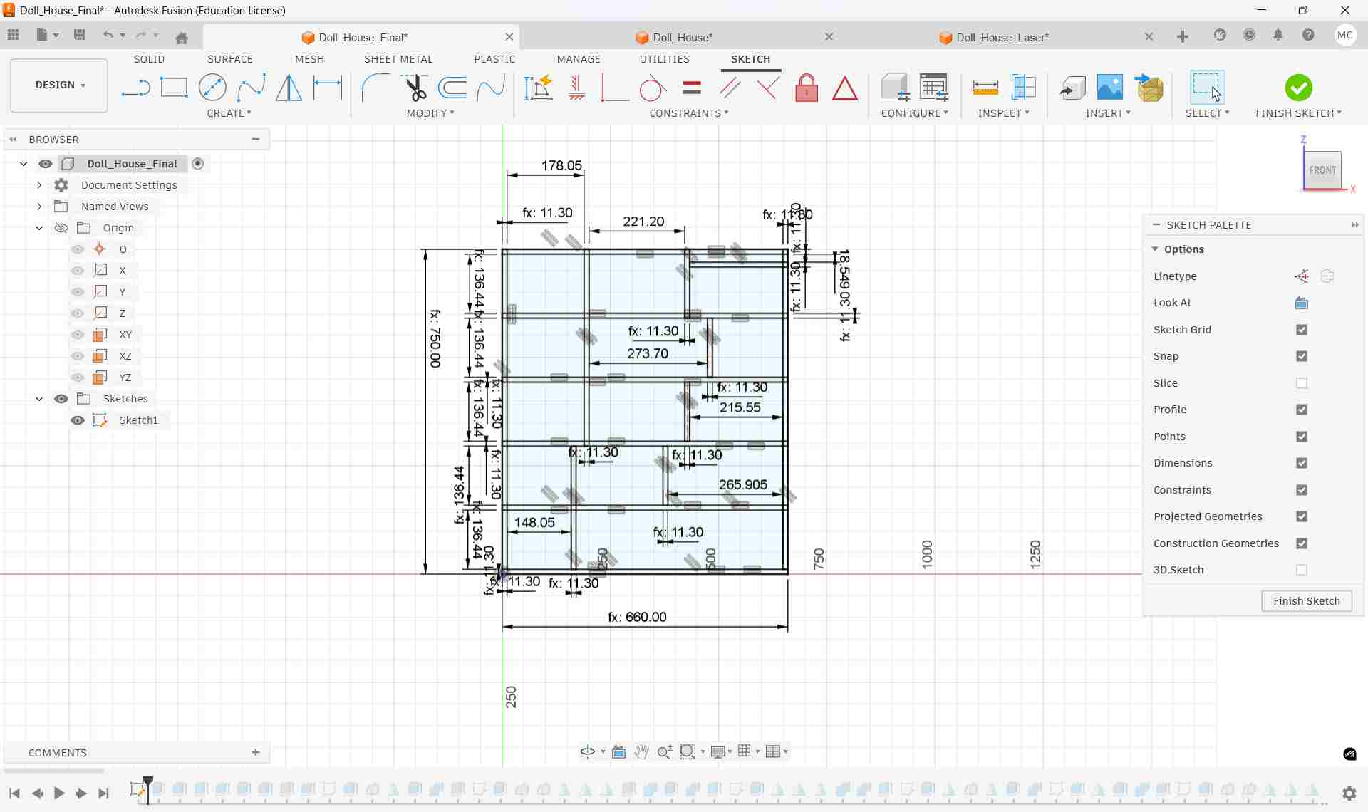 2D sketch of doll house panels in Fusion 360