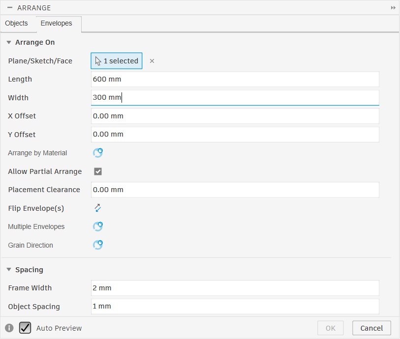 Arrange dialog Envelopes tab showing 8ft x 4ft sheet with 20mm frame and 12mm spacing