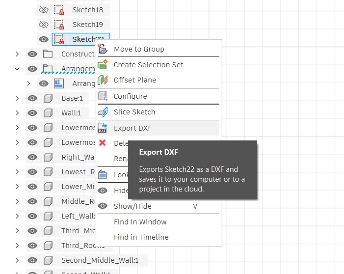 Right-click context menu on sketch showing Export DXF option with tooltip