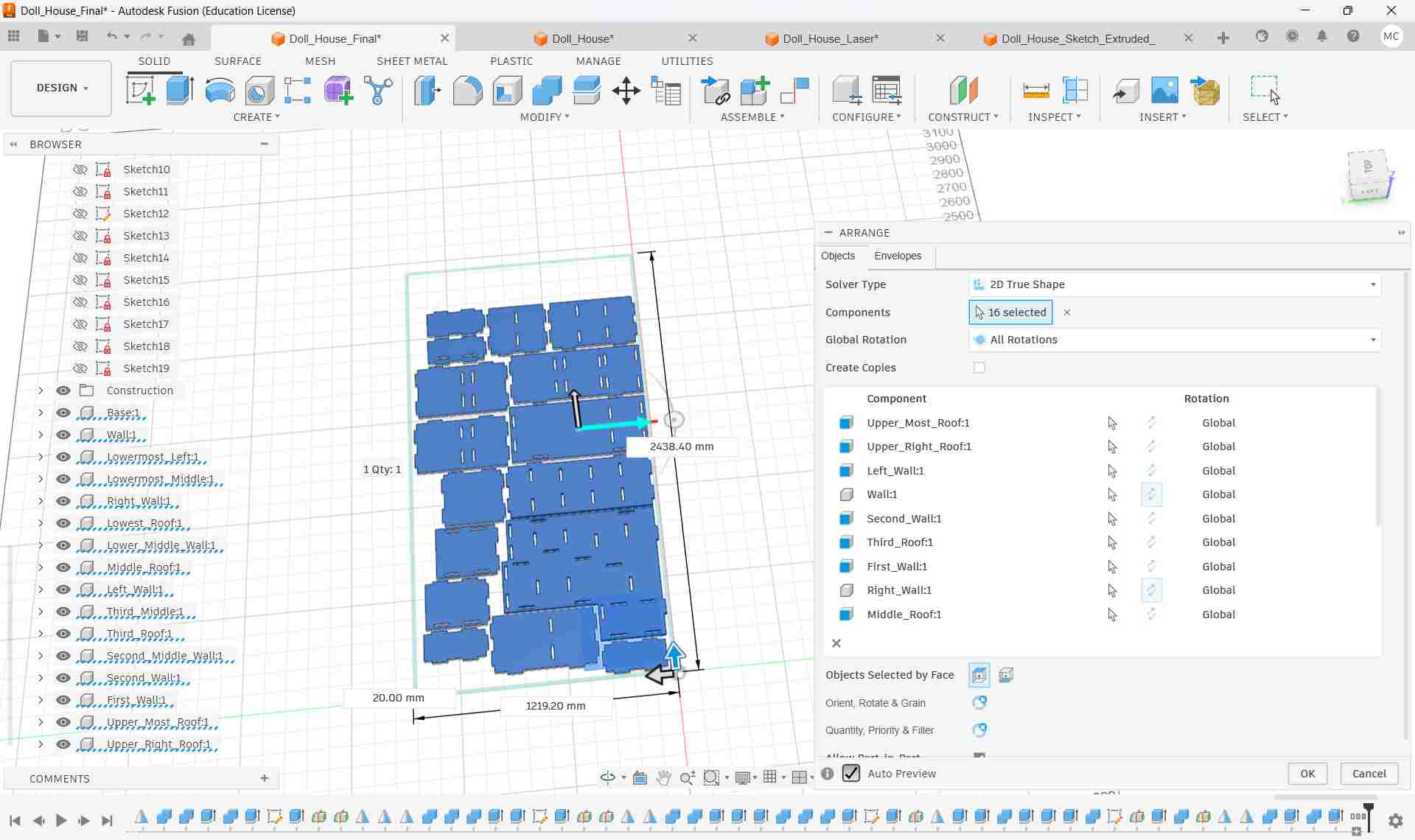Final arranged layout of all 16 doll house panels nested on 8ft x 4ft sheet