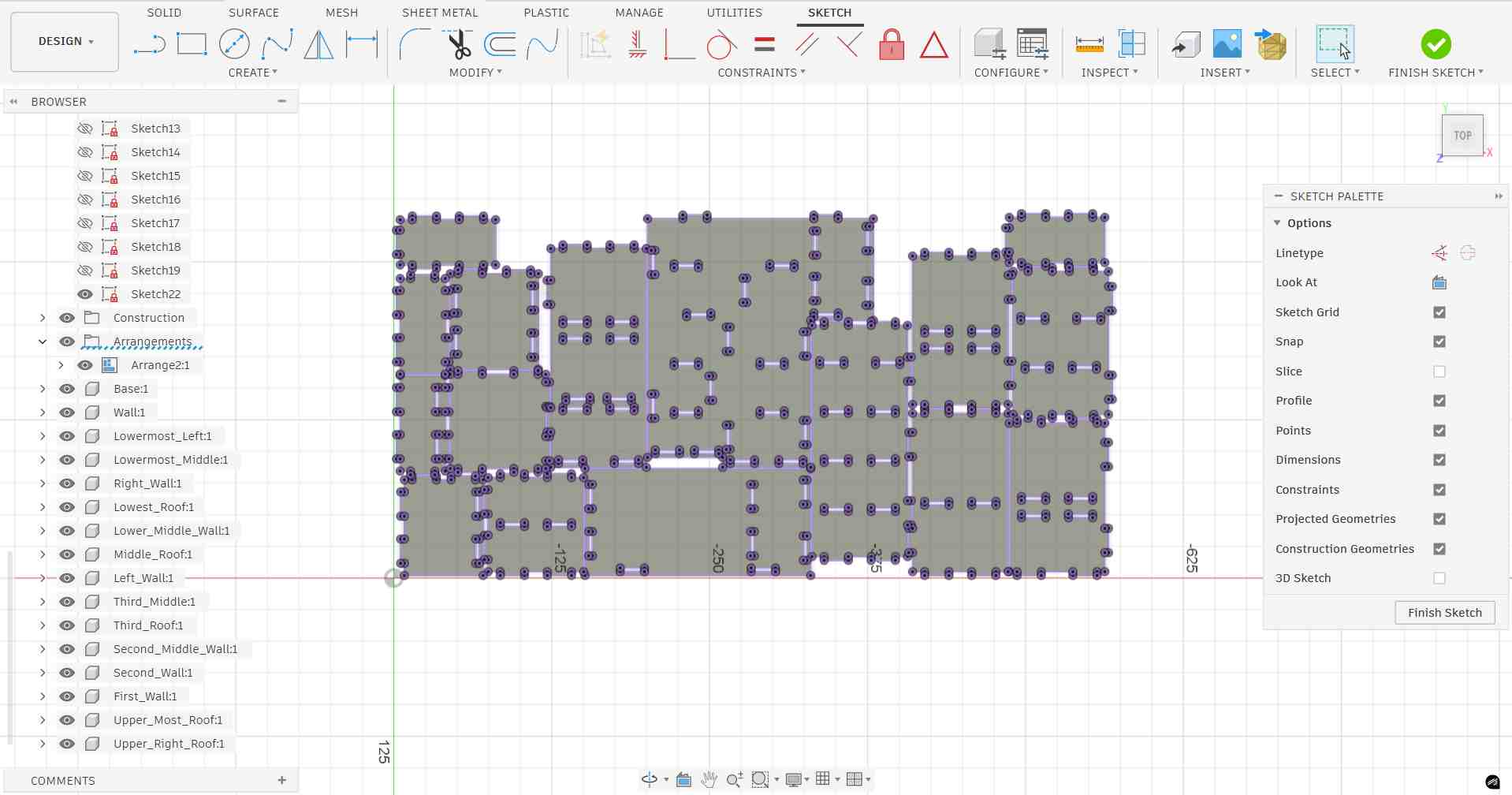 Fusion 360 sketch showing all panel outlines projected as 2D curves