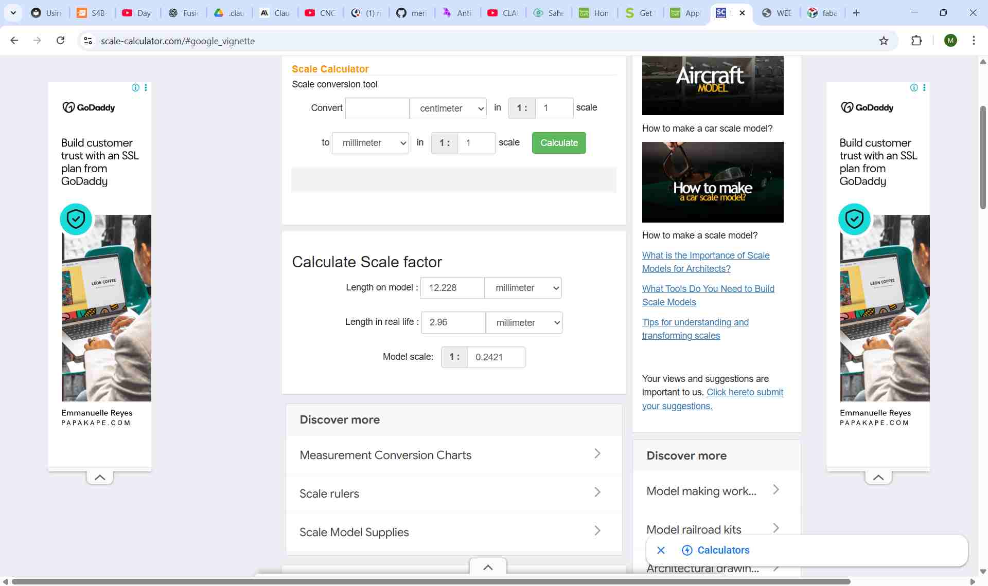 Online scale calculator showing the ratio computed for scaling the design to fit the laser cutter sheet