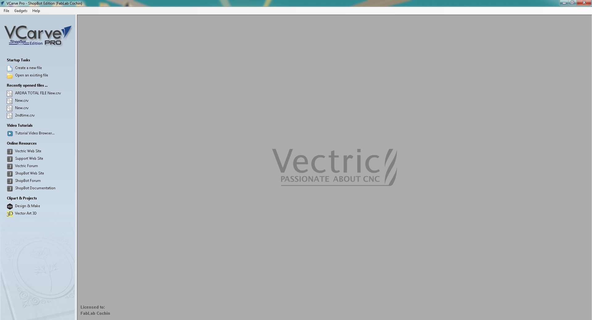 VCarve Pro ShopBot Edition startup screen at FabLab Kochi