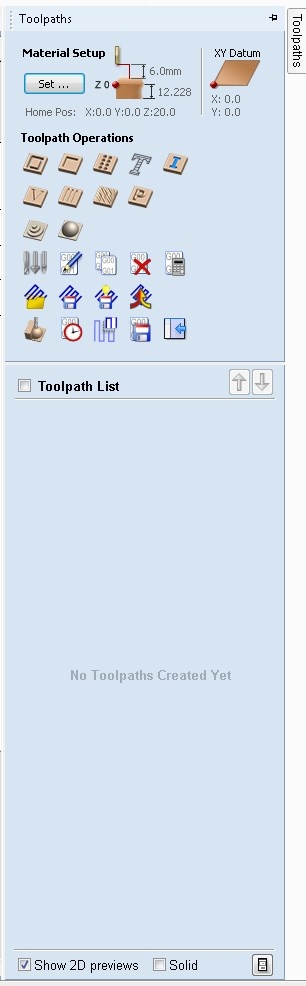 VCarve Toolpaths panel showing material setup with 6mm tool and 12.228mm depth, empty toolpath list