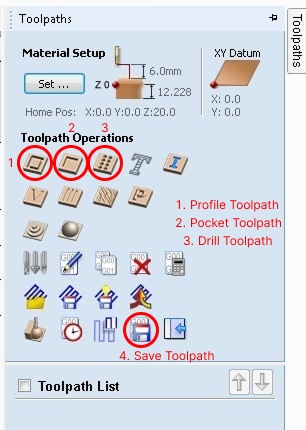 VCarve Toolpaths panel annotated showing Profile, Pocket, and Drill toolpath buttons and Save Toolpath button