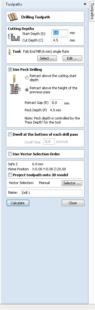 VCarve Drilling Toolpath dialog showing 6mm end mill, cut depth 4.5mm, peck drilling enabled