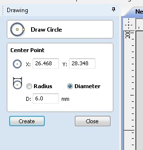 VCarve Draw Circle dialog set to 6mm diameter for drill point reference circles