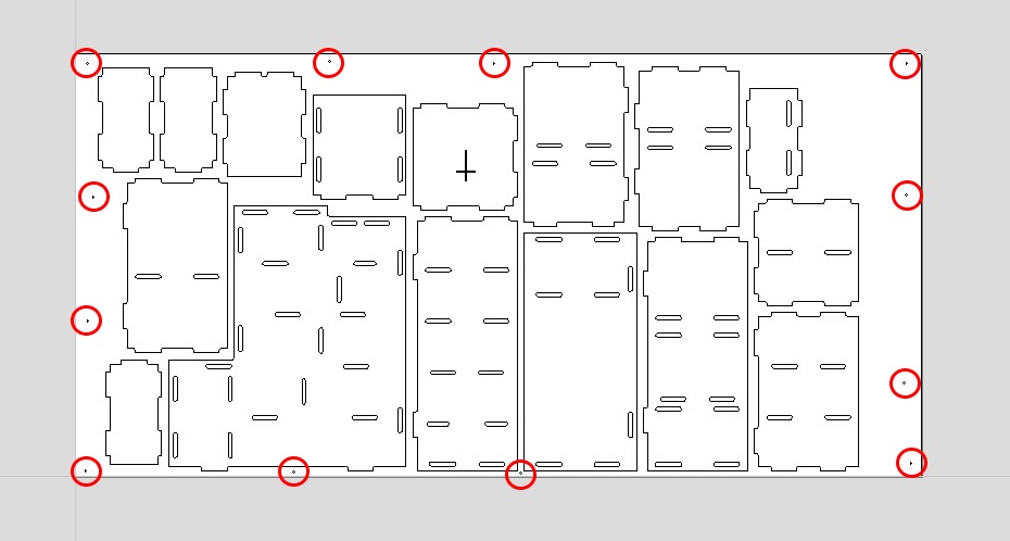 VCarve 2D layout showing all CNC parts nested on the 2438x1219mm sheet, with red circles at corners and edges marking the 6mm drill positions