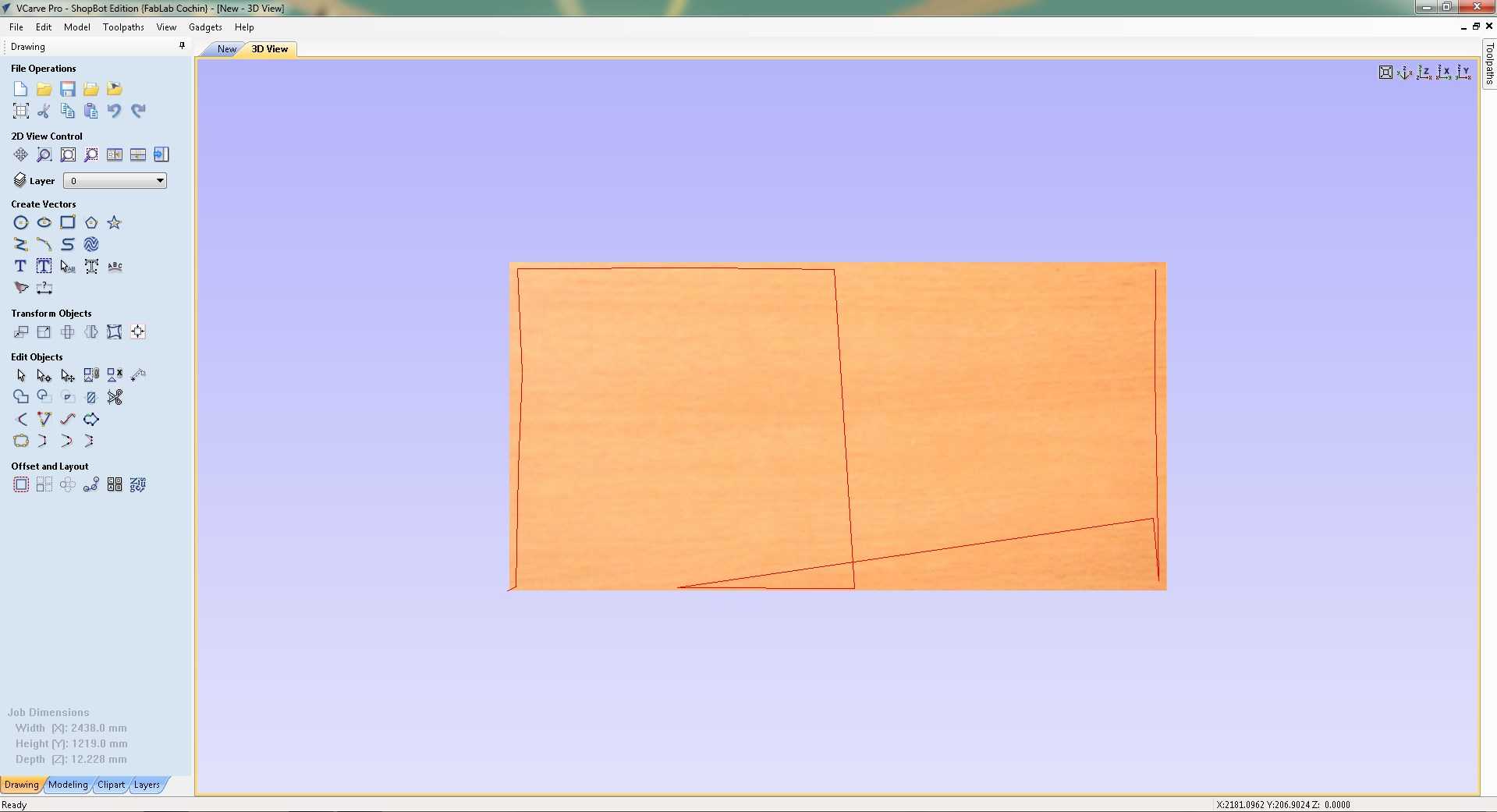 VCarve Pro 3D view showing the 2438x1219x12.228mm plywood sheet as an orange rectangle before toolpath simulation