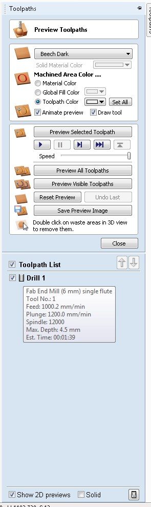 VCarve Preview Toolpaths panel showing Drill 1 in the toolpath list, Fab End Mill 6mm single flute, Tool No. 1, Feed 1000.2 mm/min, Plunge 1200.0 mm/min, Spindle 12000, Max Depth 4.5mm, estimated time 00:01:39