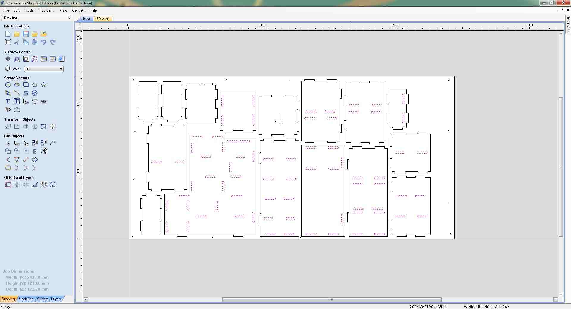 VCarve 2D view of the full 2438x1219mm sheet with all toolpaths applied, drilling toolpath at hole positions and profile toolpath along all slot and part outlines