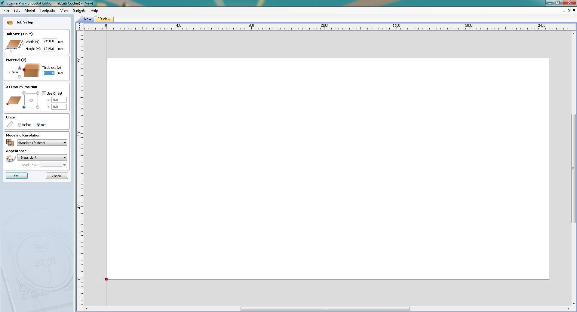 VCarve Pro Job Setup dialog showing sheet size 2438x1219mm and material thickness 12.2mm