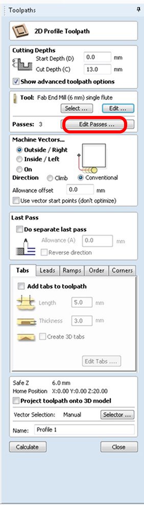 VCarve 2D Profile Toolpath dialog showing Start Depth 0.0mm, Cut Depth 13.0mm, Fab End Mill 6mm, Outside/Right machine vectors, Conventional direction, 3 passes, Safe Z 6.0mm, named Profile 1