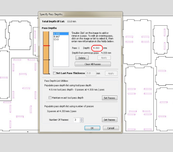 VCarve Specify Pass Depths dialog showing an earlier pass configuration with 3 passes at approximately 4.333mm each for a 13.0mm total depth