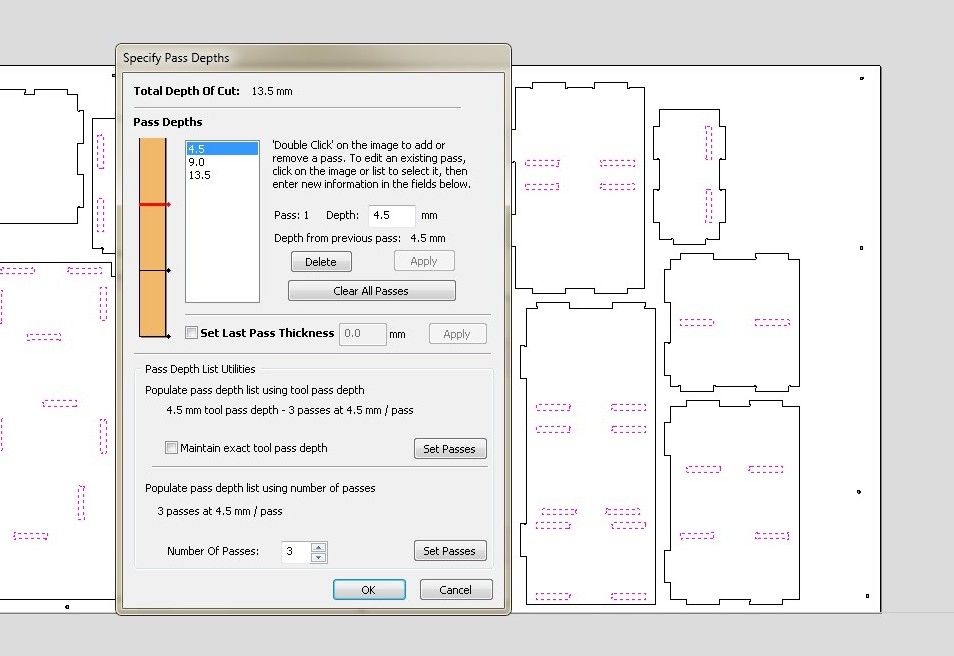 VCarve Specify Pass Depths dialog showing final configuration, Total Depth 13.5mm, pass depths at 4.5mm, 9.0mm, 13.5mm, with 3 passes at 4.5mm per pass