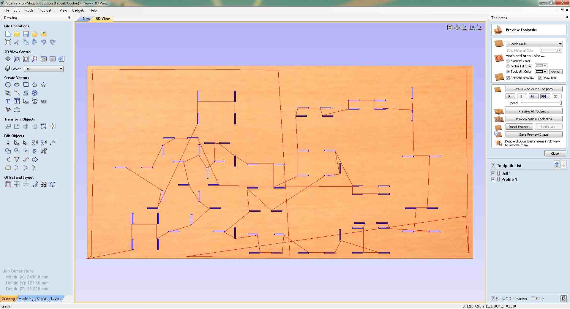 VCarve Pro 3D simulation view showing blue toolpath traces for both Drill 1 and Profile 1 toolpaths across the full plywood sheet, with the Toolpath List panel showing both toolpaths checked and ready