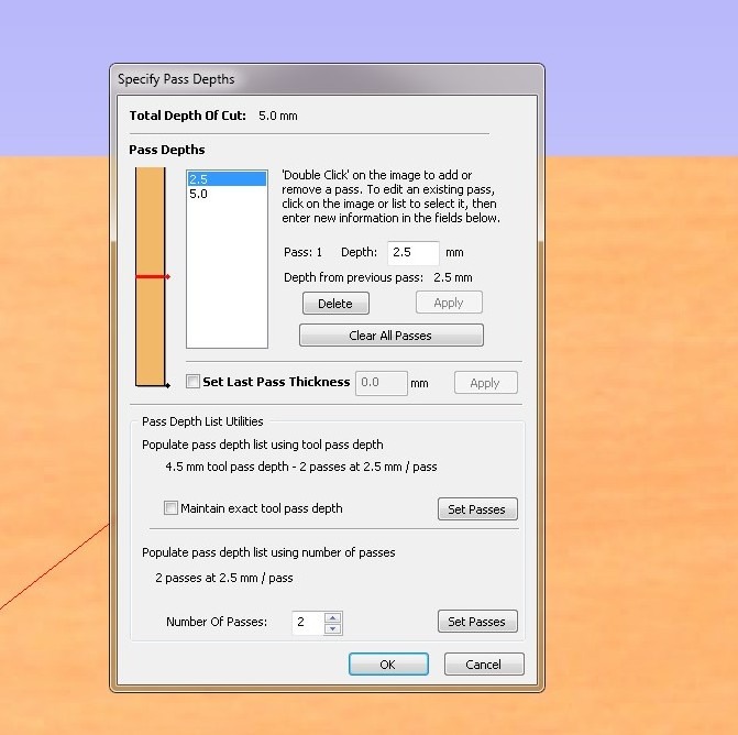 VCarve Specify Pass Depths dialog for the engraving toolpath, Total Depth Of Cut 5.0mm, two passes at 2.5mm each (2.5mm then 5.0mm), Pass 1 depth 2.5mm, depth from previous pass 2.5mm