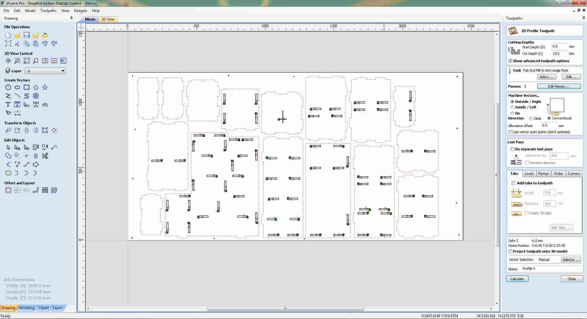 VCarve Pro 2D Profile Toolpath panel open on the right, showing the Add Tabs section at the bottom with tab length, thickness, and corner tab settings configured, the full sheet layout visible in the 2D view on the left