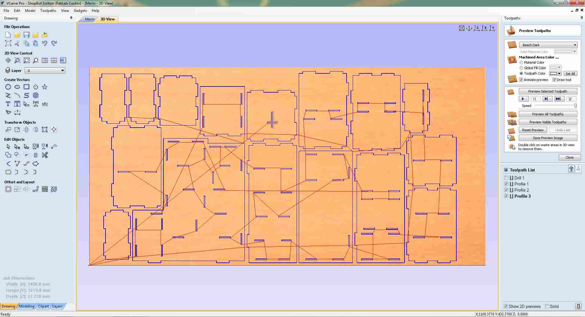 VCarve Pro 3D simulation showing toolpath traces on the full plywood sheet, profile and engraving paths visible, Drill 1 unchecked in the Toolpath List on the right while Profile 1, Profile 2, and Profile 3 are checked